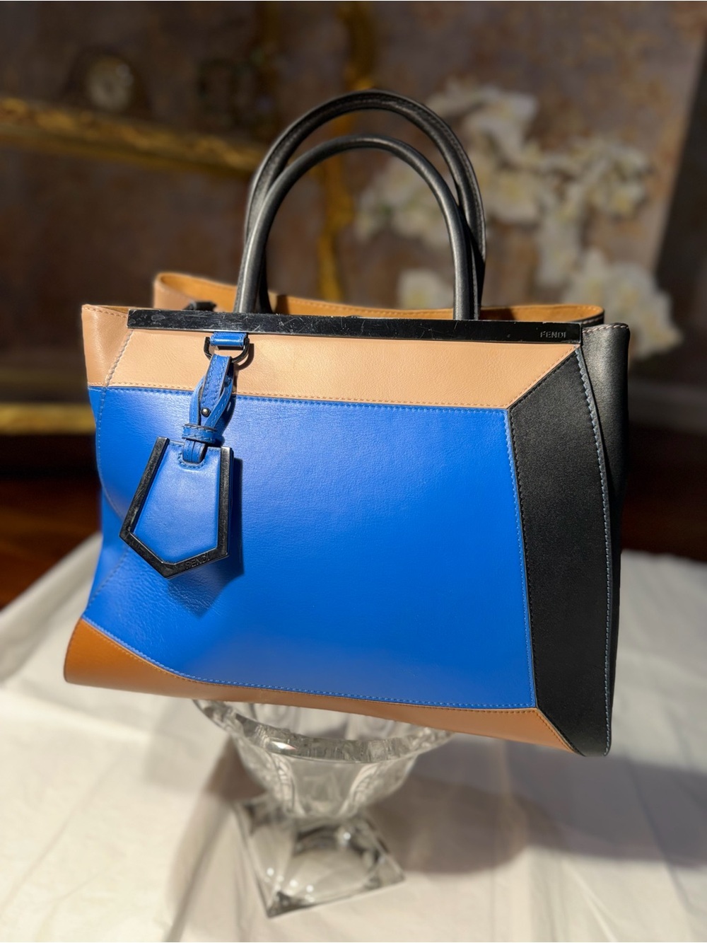 Fendi Colorblock Satchel in Blue, Tan & Black